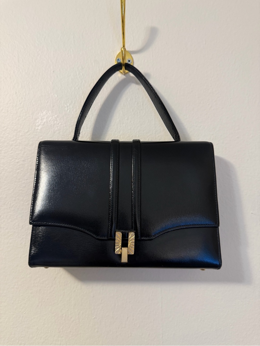 Black Structured Top Handle Bag with Gold Hardware, soft vintage box leather!